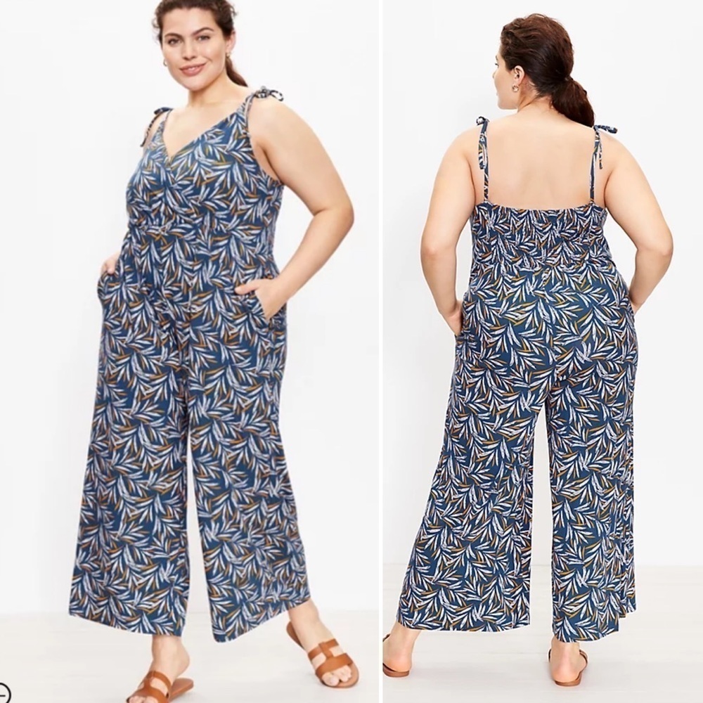 Loft Plus Loft Beach Palm Strappy Jumpsuit Wide Leg Size 14